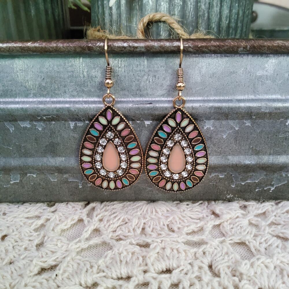 Rhinestone Multicolor Gold Tone Teardrop Dangle Earrings